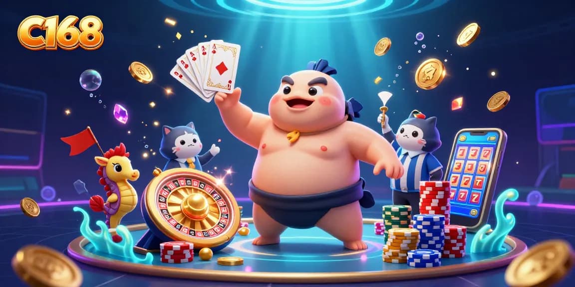 Experience gaming excitement with C168's vibrant underwater casino scene featuring a fugu and catfish referee.