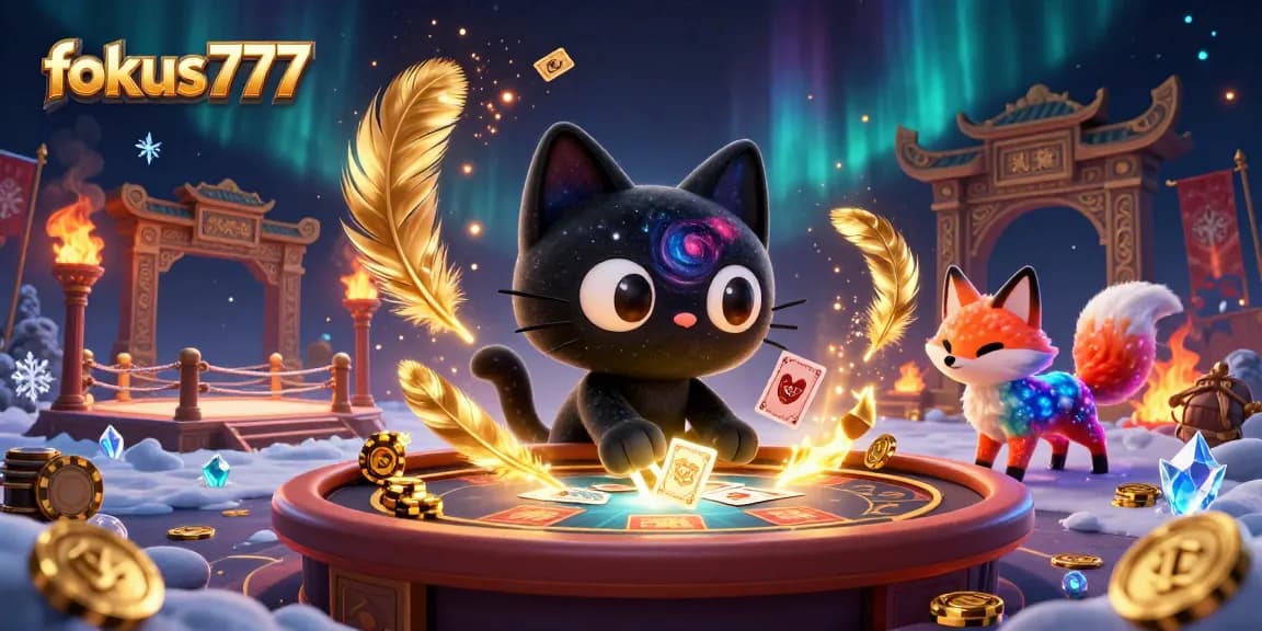Engage in exhilarating gaming at fokus777 as a cosmic cat gathers golden chips and cards.