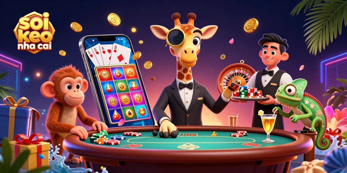 Sparkling casino action with a high-roller giraffe and monkey valet engaging in gaming at soi keo nha cai.