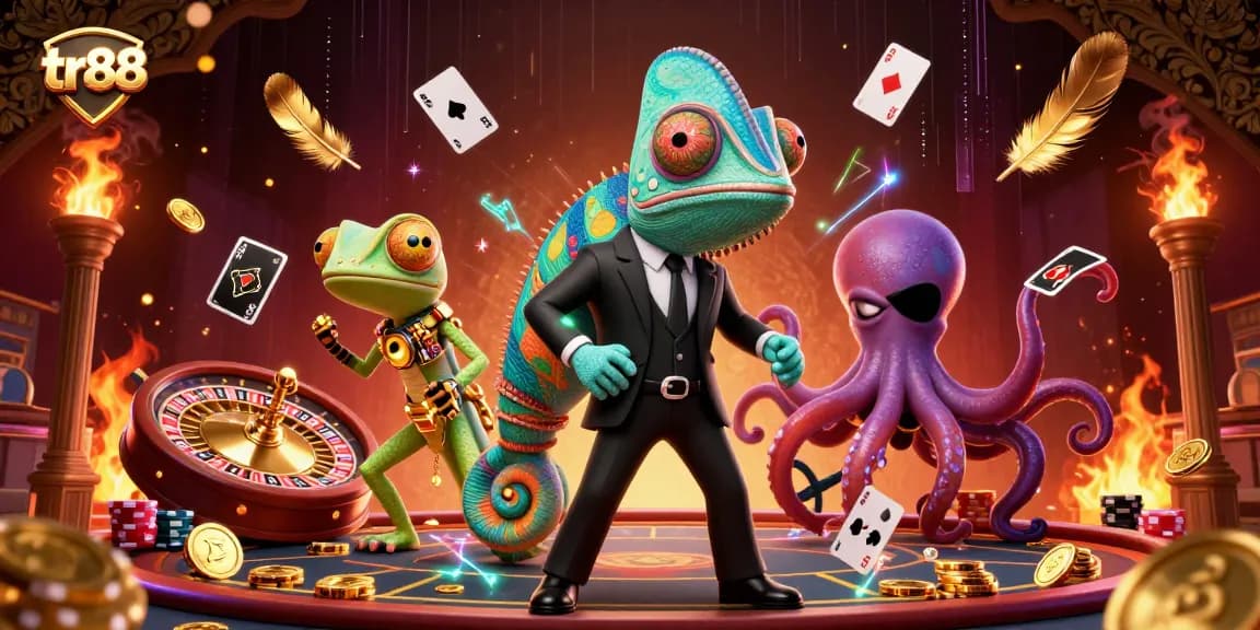 Engage with tr88's casino thrills in a vibrant 3D scene featuring colorful characters and dynamic game elements.