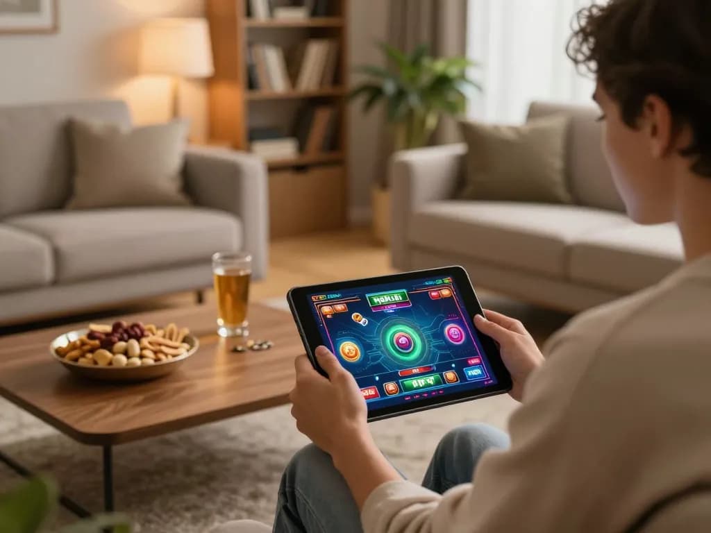Engaged player enjoying online gaming experience with Nhà Cái RR88 on tablet in cozy home setting