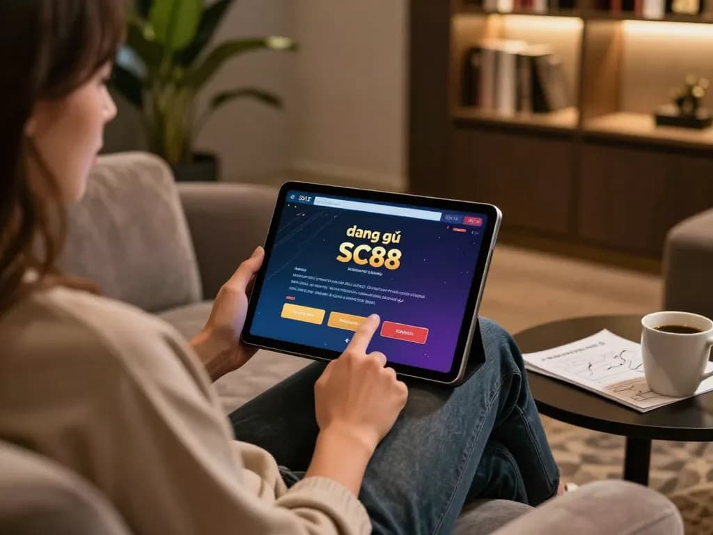 Engaging in đăng ký SC88 on a tablet in a cozy home setting.