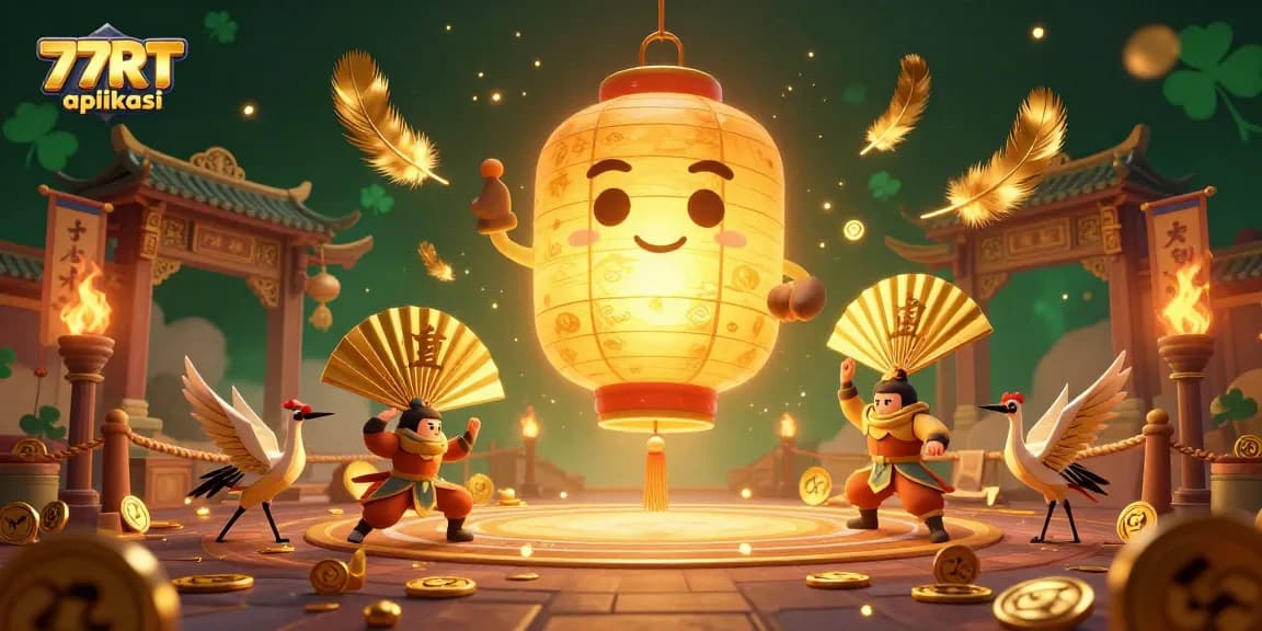Experience vibrant gaming with 77RT aplikasi at a lively night market casino scene filled with lucky symbols and festive warriors.