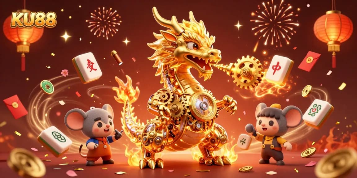 Engage with KU88's vibrant casino scene featuring a golden dragon and celebratory elements.