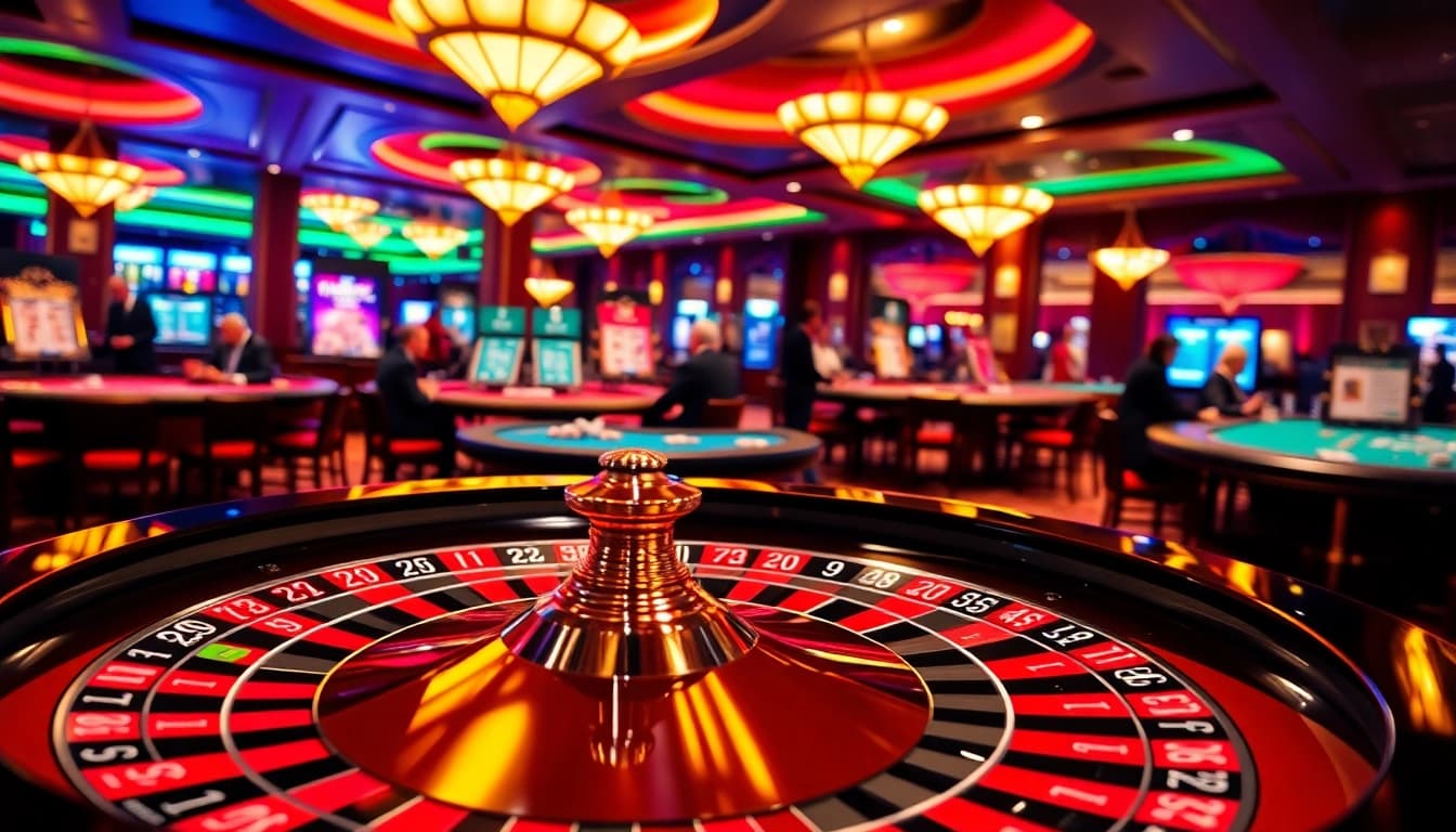 Menang besar di permainan inultogel dengan suasana kasino yang bersemangat dan penuh warna.