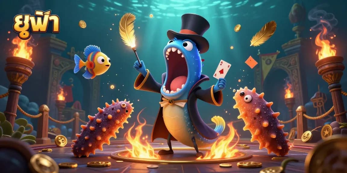 Experience the excitement of ยูฟ่า with a dazzling 3D illustration of a magician eel performing card tricks amidst a dynamic casino scene.