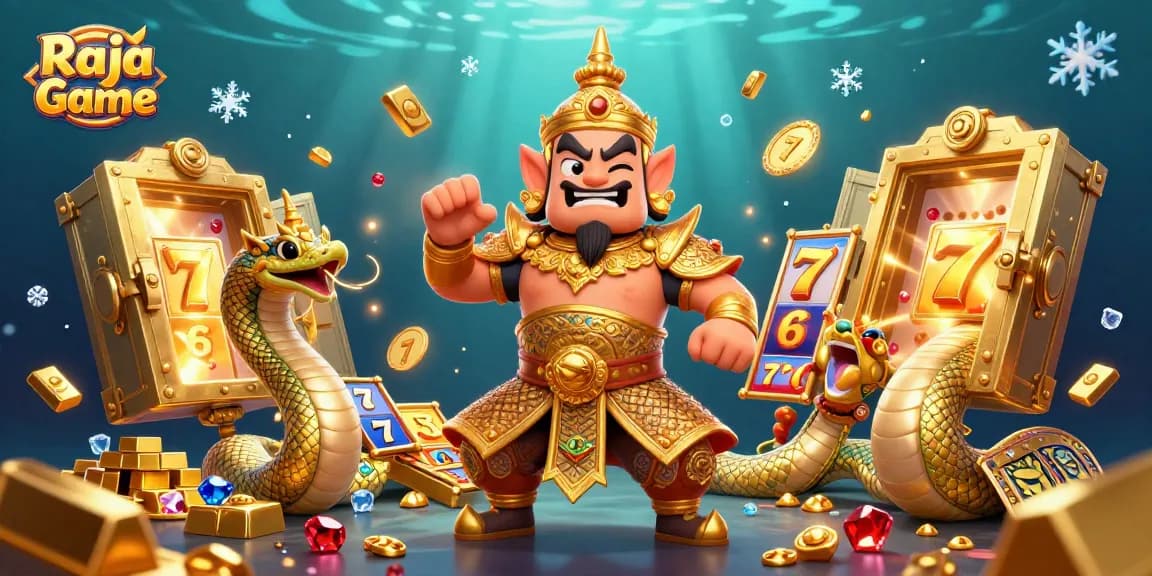 Engage with Raja Game's vibrant slot experience featuring a lively Thai guardian amidst treasure and jackpots.
