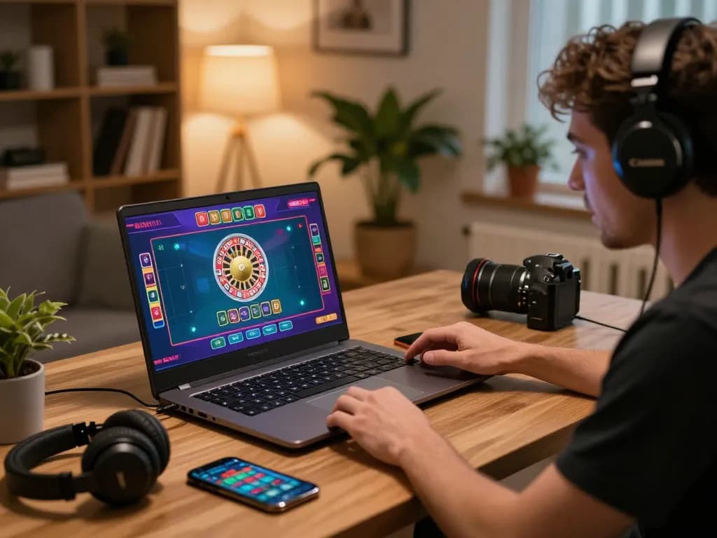 Player enjoying n188 online casino gaming in a cozy home office setting, engaging with live dealer games and strategic betting.