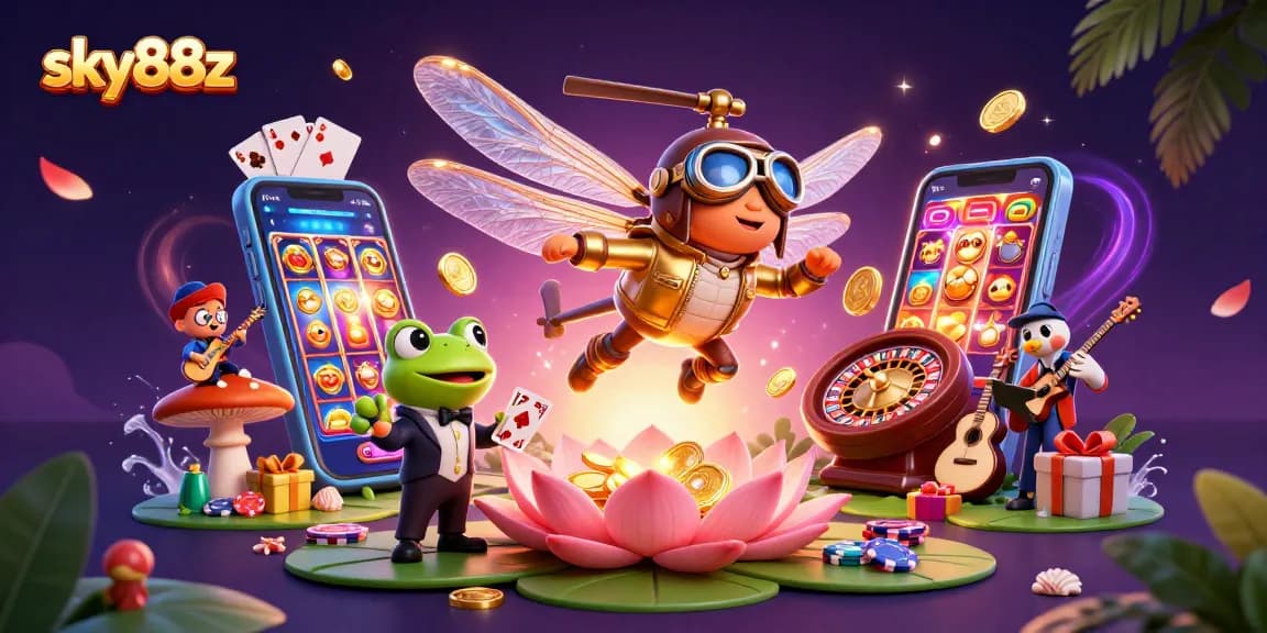 Experience thrilling games at sky88z with vibrant casino scene including dragonfly pilot and frog dealer.