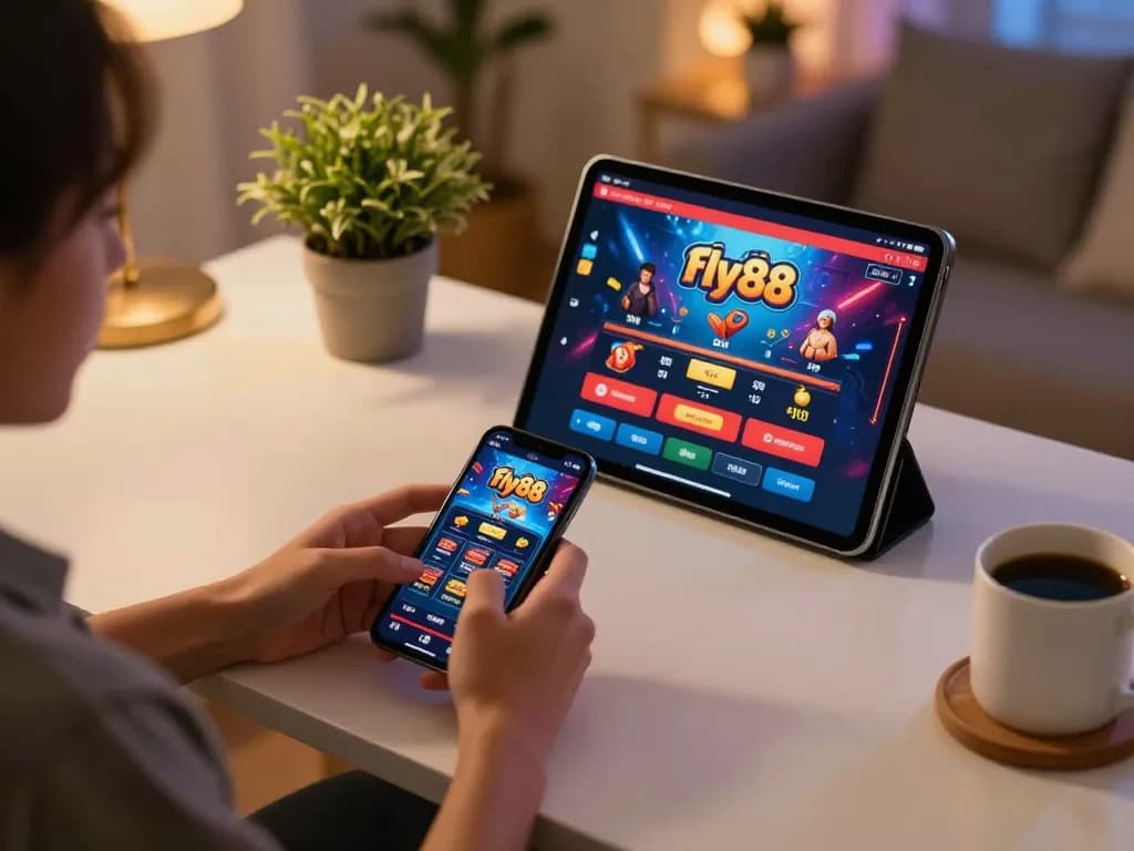 Players enjoying the nhà cái fly88 gaming experience on smartphones and tablets at home.