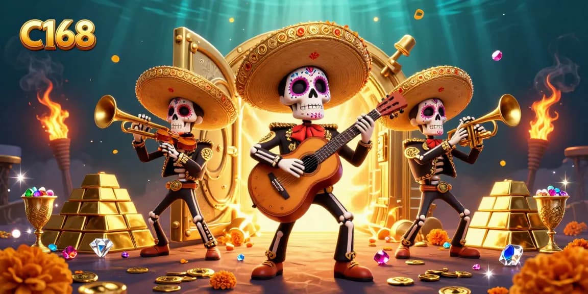 C168 brings excitement to life with a colorful mariachi band surrounded by golden treasures and gems.