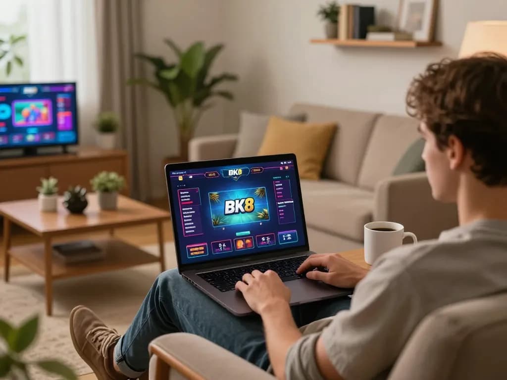 Engaged player enjoying online gaming on BK8 from home, showcasing modern setup.