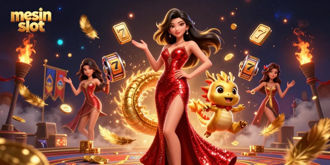 Experience the thrill of mesin slot with a glamorous 3D illustration of a confident Asian woman in a dazzling gown, accompanied by a golden dragon mascot.