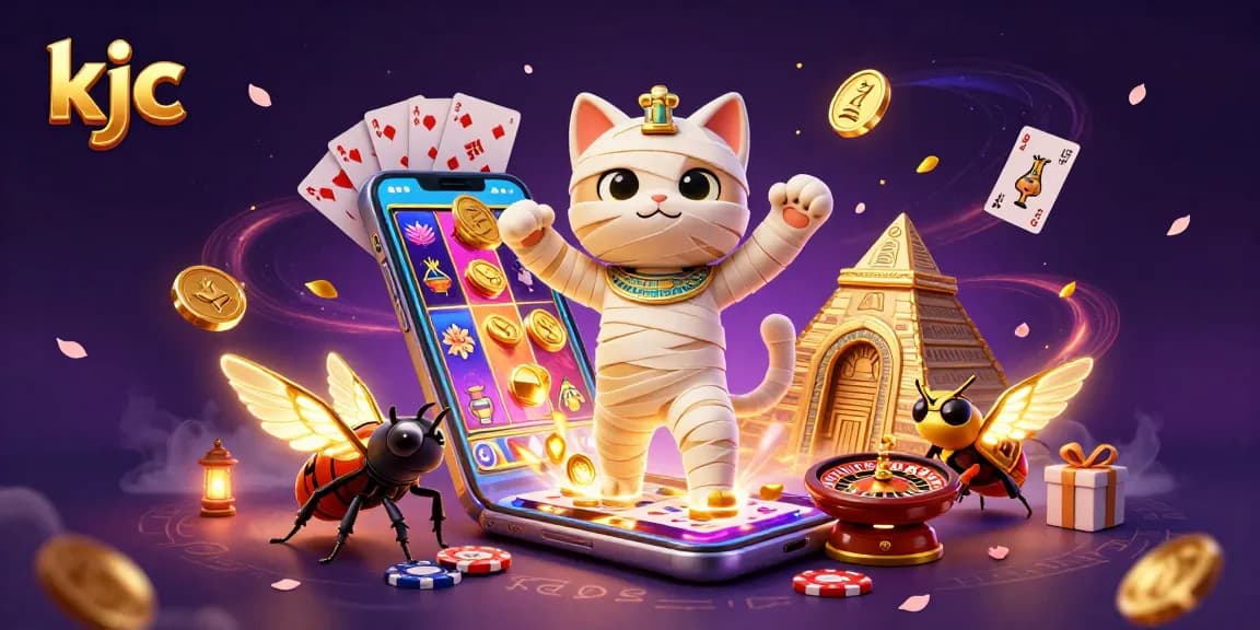 Experience thrilling gaming action with kjc's captivating mummy cat and scarab in a vibrant casino scene.