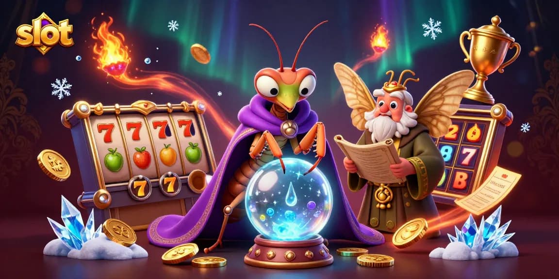 Experience excitement with slot reels and a mystical fortune teller in this captivating casino illustration.