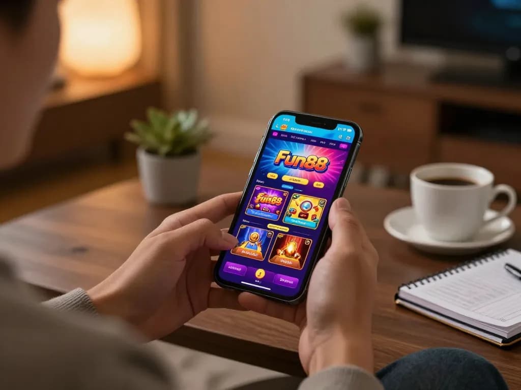 Engaged user exploring Fun88 mobile casino app with interactive gaming features in a cozy home environment