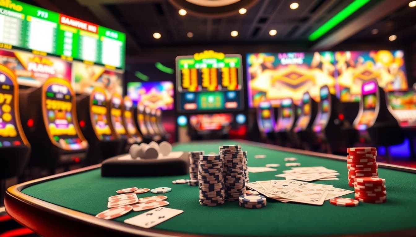 Erlebe spannende Momente beim casino spielen online mit bunten Spielautomaten und Spielkarten.