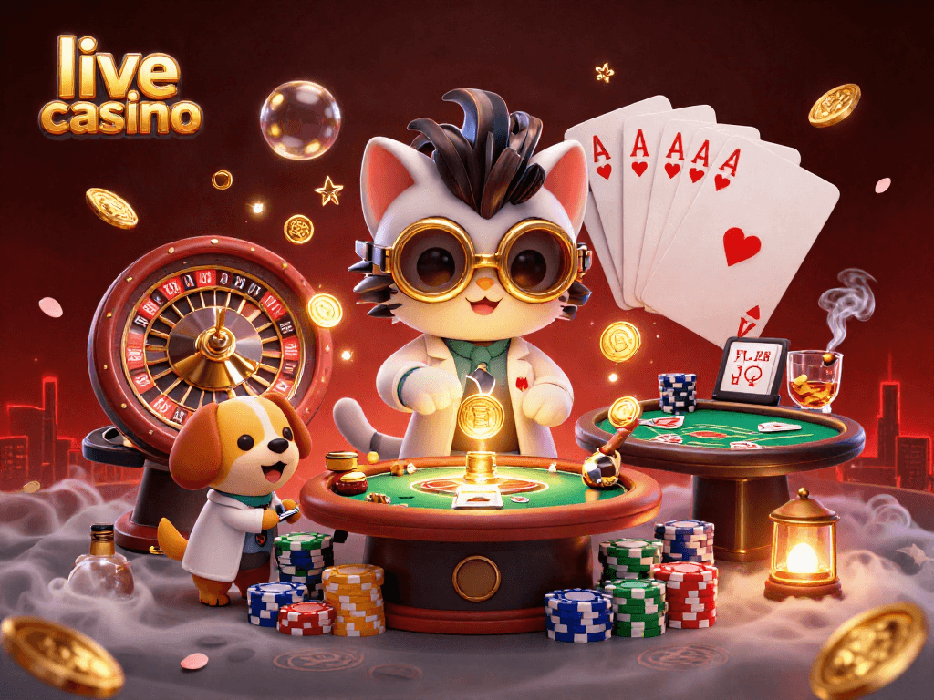 Engage with the excitement of a live casino featuring a cat scientist and poker elements.
