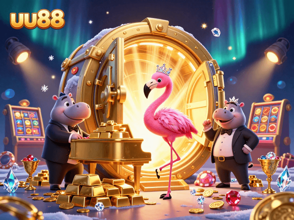 Experience excitement at uu88 with a vibrant casino scene featuring a flamingo singer and hippo bassist.
