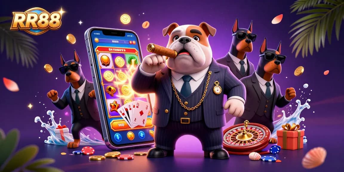 RR88 casino gaming illustration with a mafia bulldog, dynamic elements, and vibrant colors.