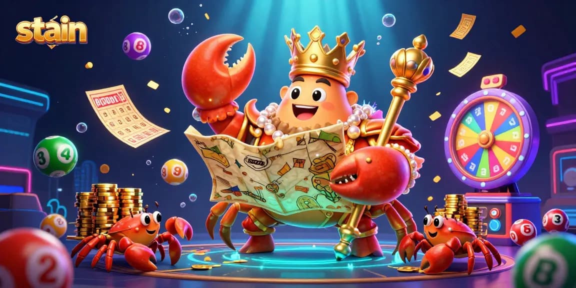 Stain-themed gambling scene featuring a golden crab emperor and vibrant lottery elements.