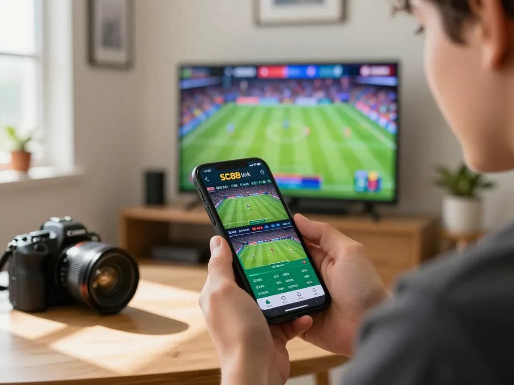 Placing bets on SC88 Link mobile app with exciting sports action in the background