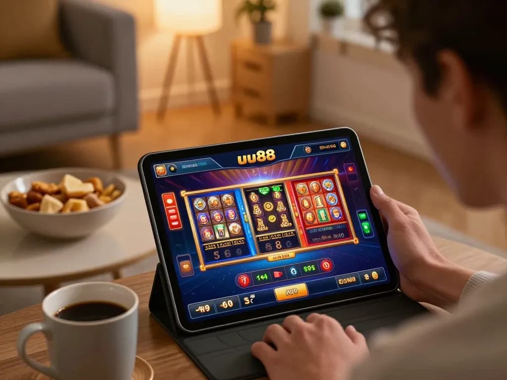uu88 player engaged with a live dealer game on a tablet in a cozy home setting.