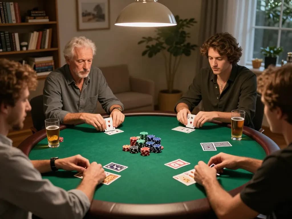 NAGA2000 players strategizing in a friendly home poker game with vibrant chips and cards.