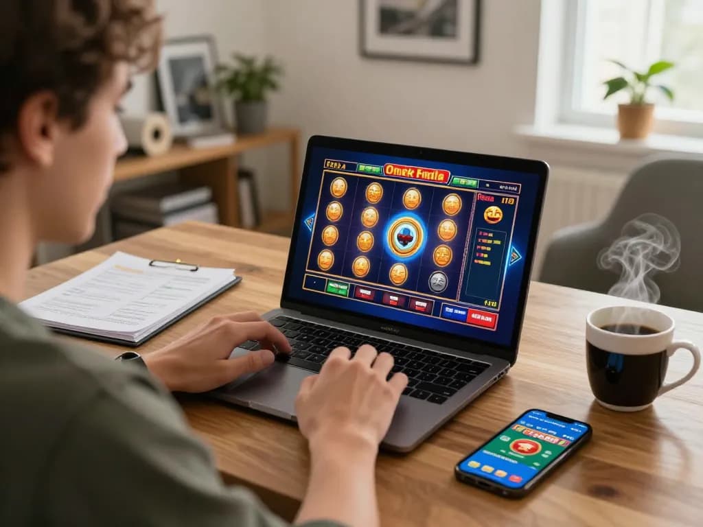iWin player engaging with exciting slots on laptop in cozy home gaming setup