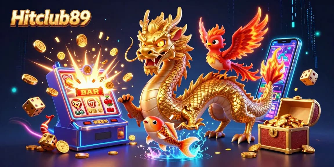 Experience the thrill at Hitclub89 with an exciting dragon, phoenix, and koi fish amidst casino symbols!