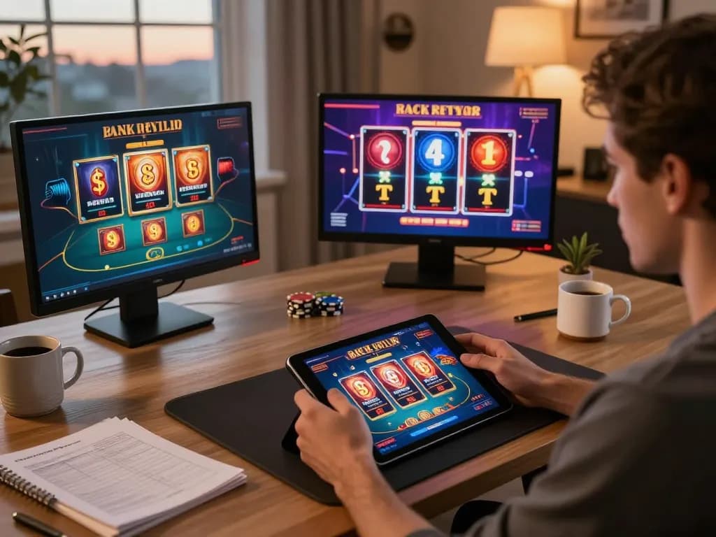Engaging online gaming scene with a player accessing transcrime content on a tablet for casino strategies