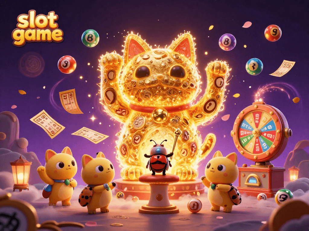 Experience the thrill of a slot game with a lucky cat surrounded by dynamic casino elements.