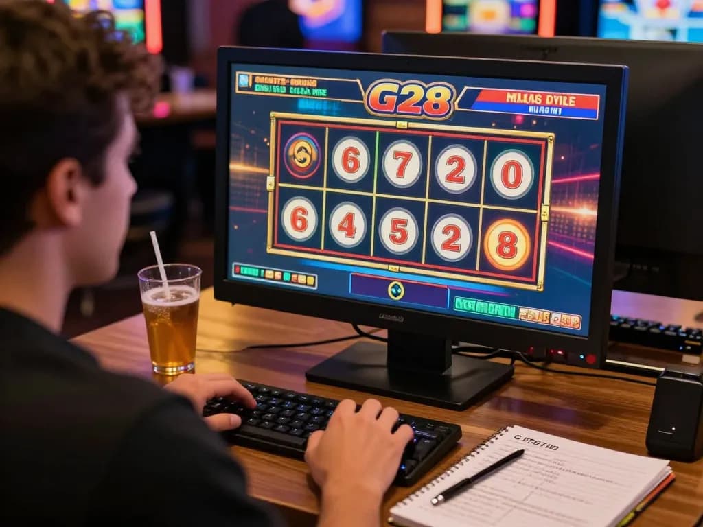Engaging in the g28 slot machine gameplay on a modern computer setup, showcasing strategy notes.