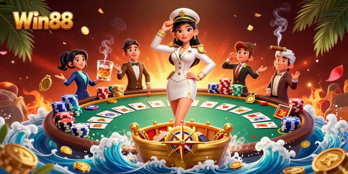 Win88 captures the thrill of poker action with vibrant characters and casino elements in an engaging scene.