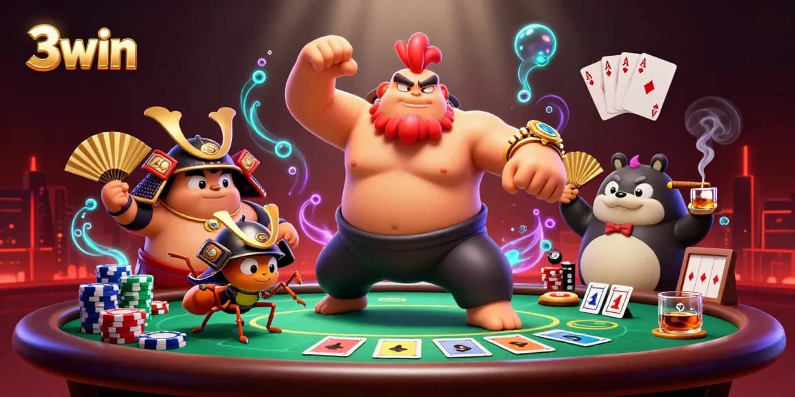 3win's exciting casino scene showcases a powerful sumo rooster, fierce samurai cricket, and a tanuki announcer amidst poker action.