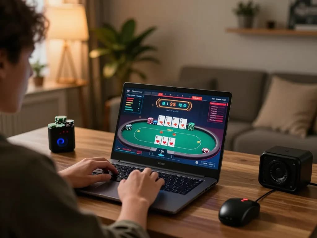 king33 player engaging in online casino gameplay at home with laptop, dynamic scene of poker table interface and stylish decor