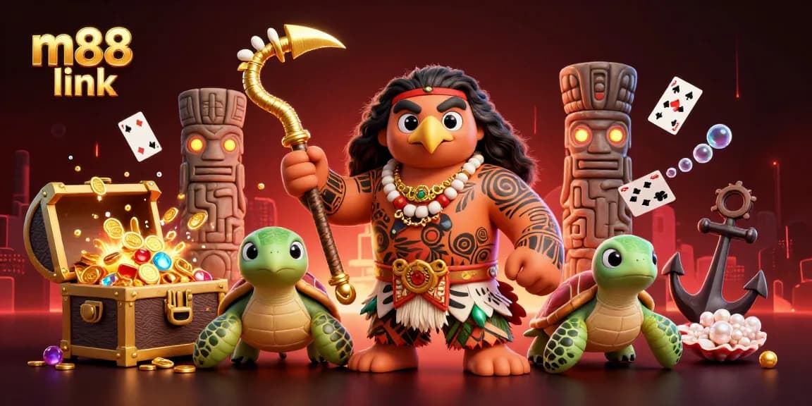 Engage with m88 link in a vibrant 3D casino scene featuring a demigod, turtle, and exciting game elements.