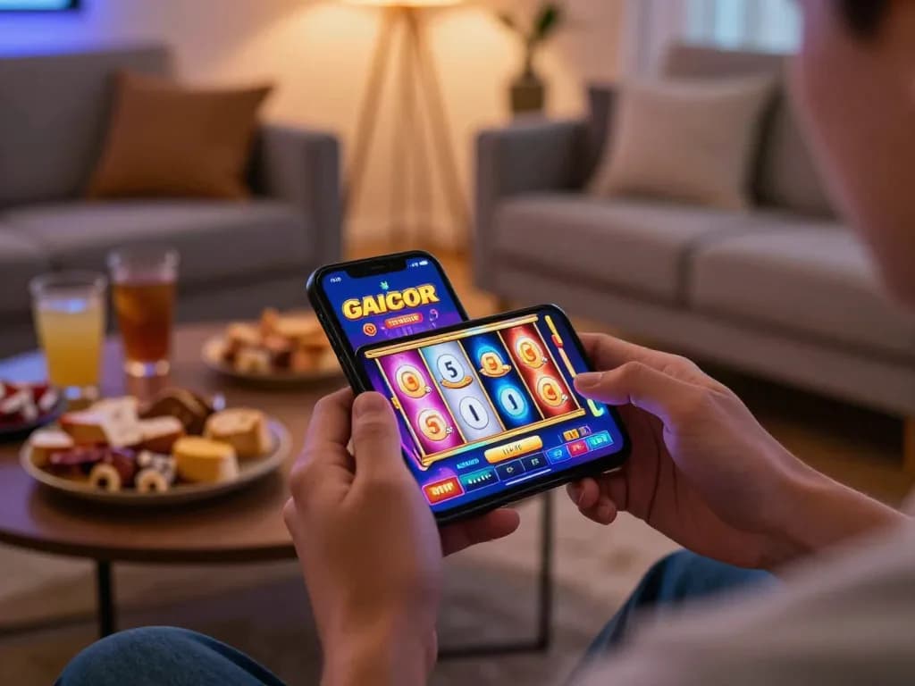 Bermain game slot gacor di smartphone dalam suasana ruang tamu yang nyaman.