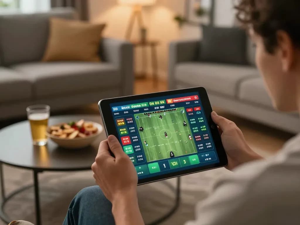 33win player placing strategic live bets on a tablet in a cozy home setting