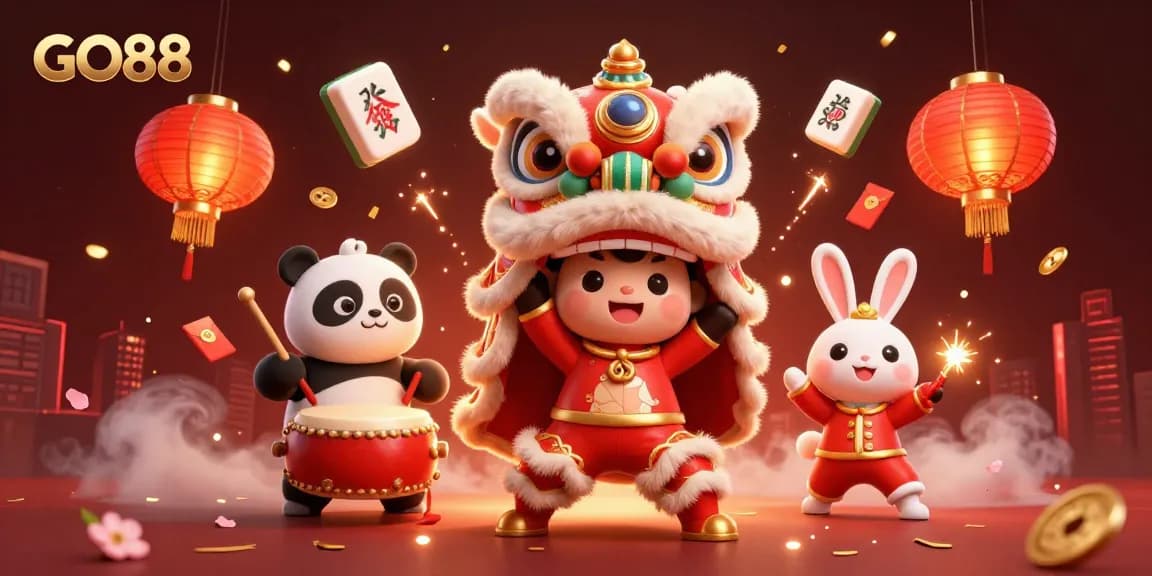 Experience GO88's vibrant gaming world with lucky lion dance characters and festive decorations.