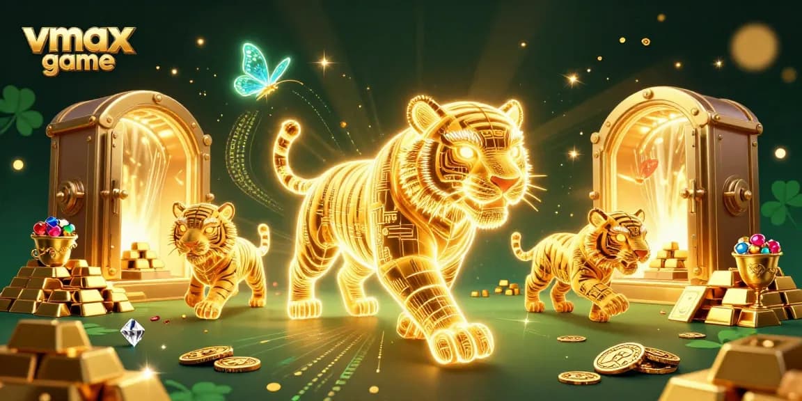 Experience the thrill of vmax game with a vibrant 3D illustration of a golden tiger in a digital casino landscape.