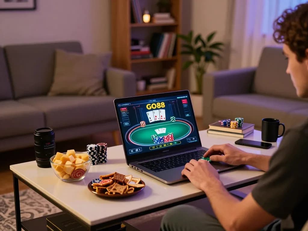 Player enjoying a dynamic GO88 poker game on a laptop, showcasing an engaging online gambling experience at home.