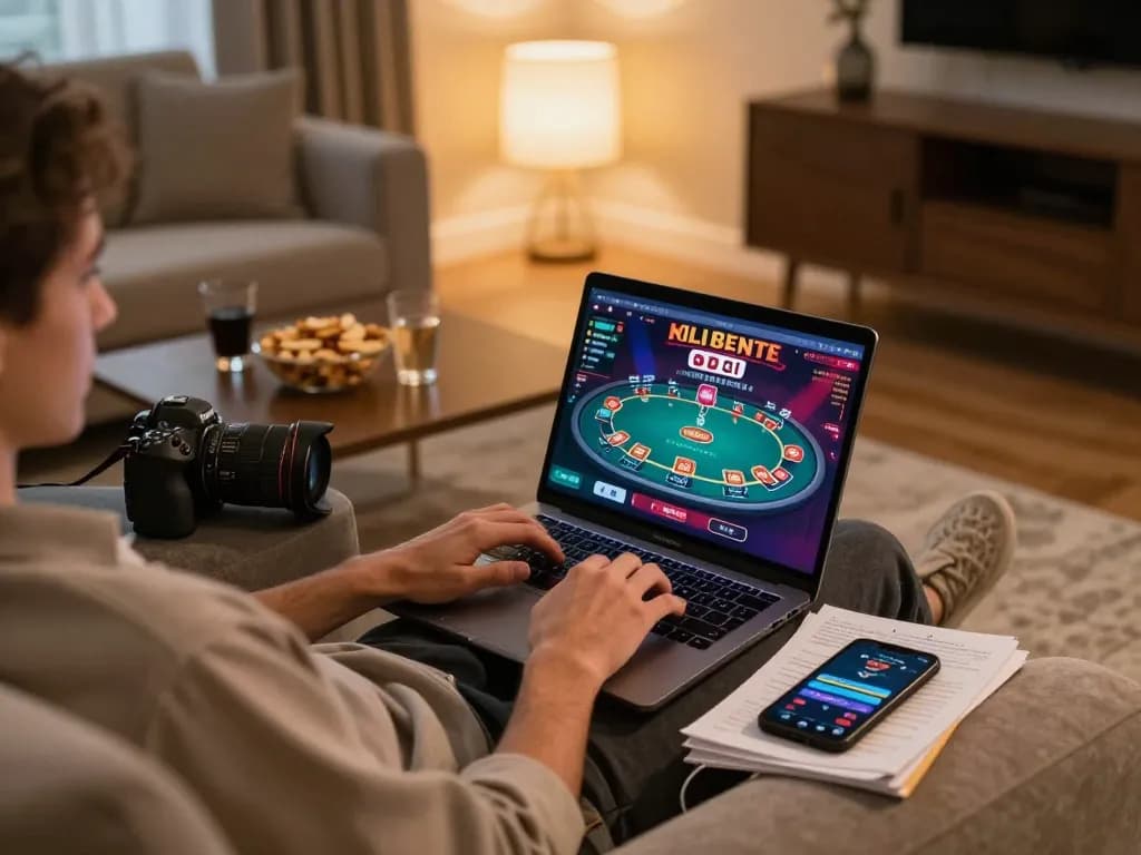 Person engaged in online gambling at home with lc88 gaming platform displayed on a laptop during a cozy evening.