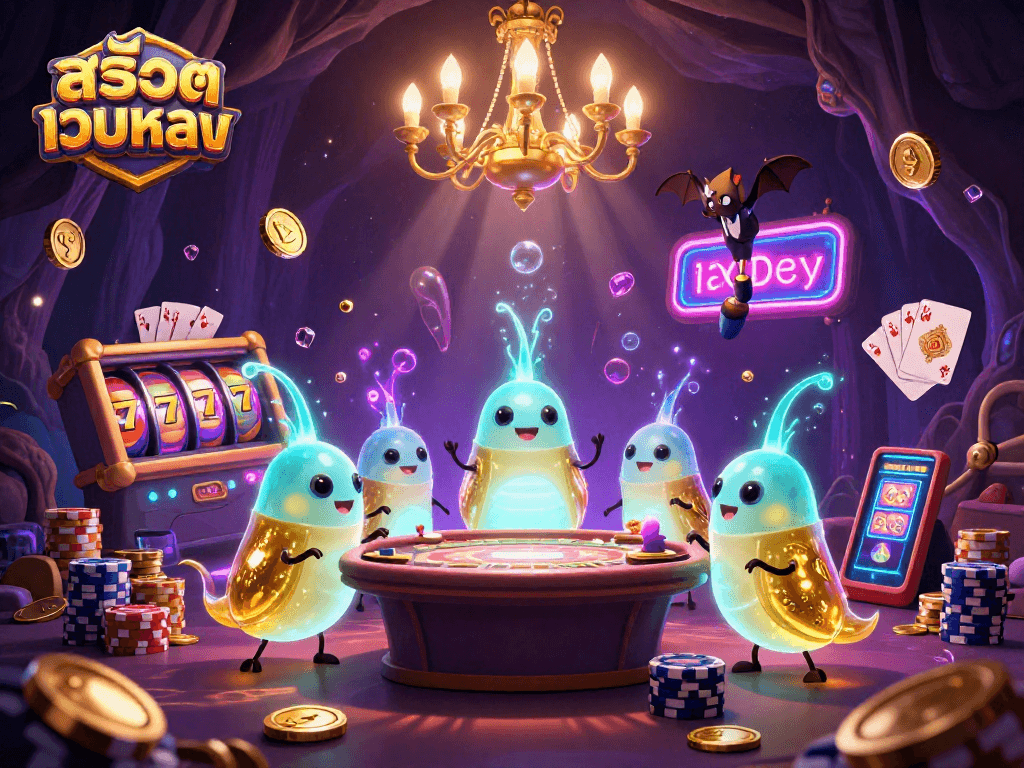 Play exciting สล็อตเว็บตรง games with vibrant glowworms lighting up a dynamic casino scene.