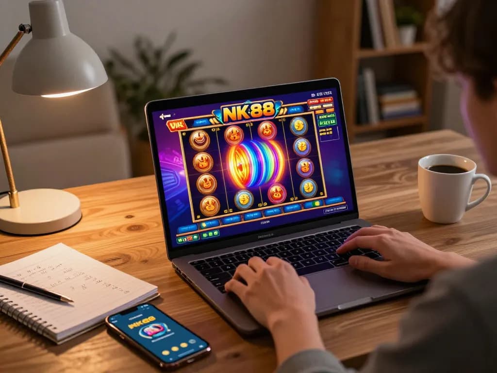 Player enjoying NK88 slot games online on a cozy home office setup, demonstrating responsible gambling.