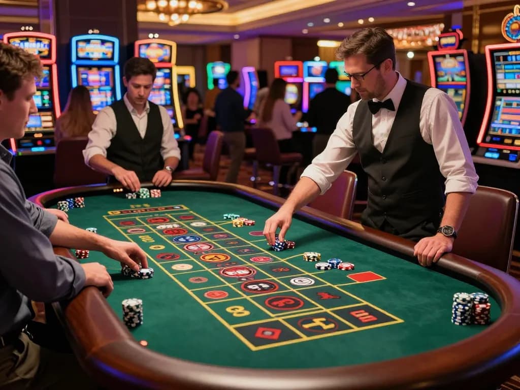 Experience the excitement of KO66 at a bustling roulette table with players engaged in lively wagers.
