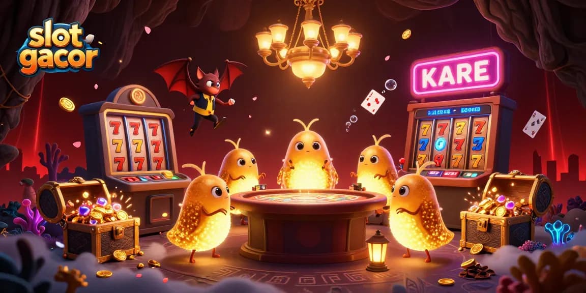 Pemain slot gacor menang dalam kasino bawah laut penuh harta karun dan lampu neon.