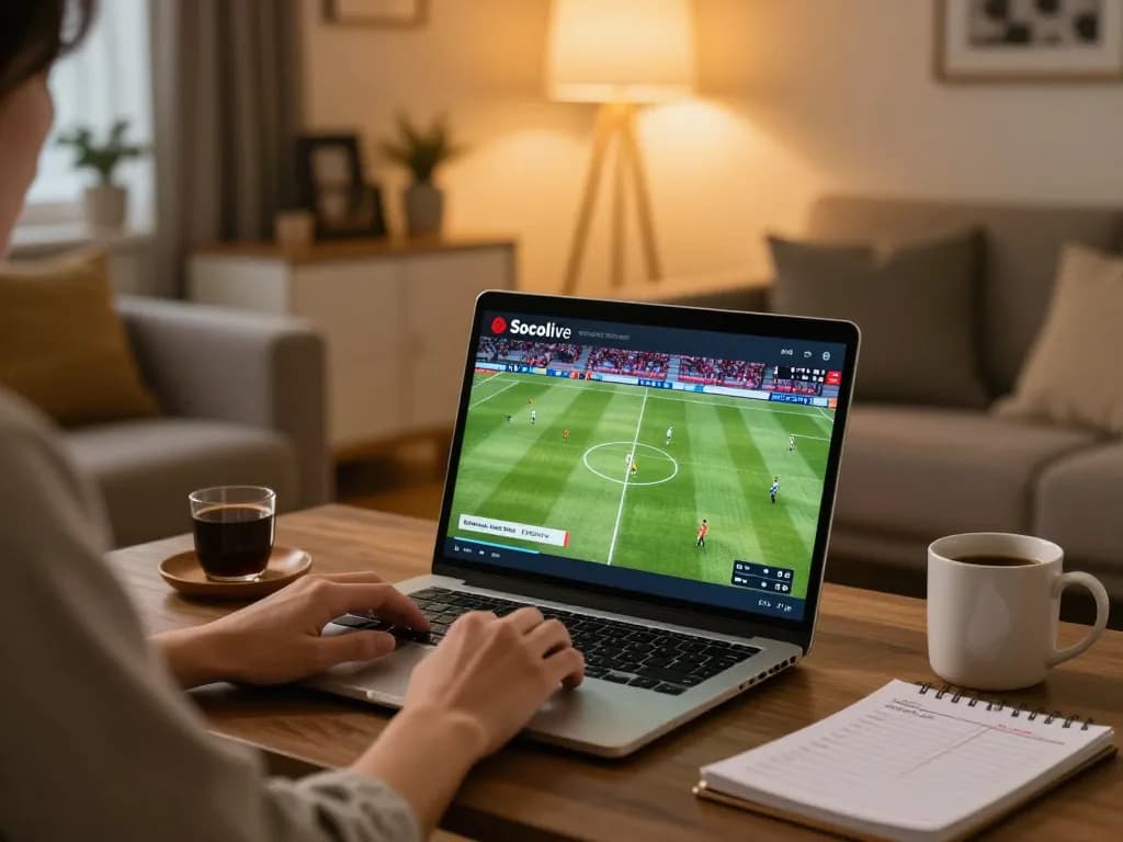 Socolive live sports streaming on a laptop, showcasing a football match in a cozy home setting.