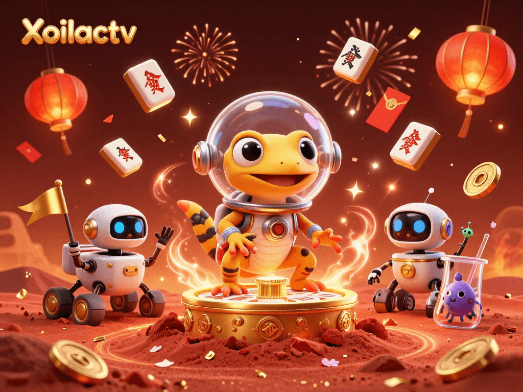 Xoilactv showcases a Martian gecko discovering a casino with vibrant casino elements and celebratory fireworks.
