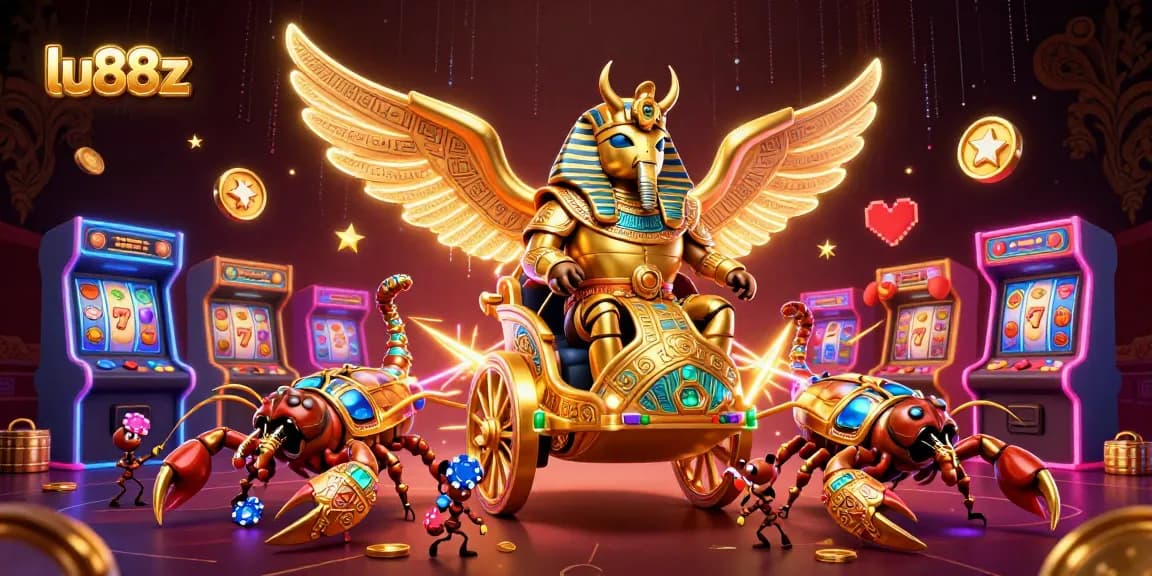 lu88z spins the reels with a colossal golden scarab beetle and vibrant slots all around.